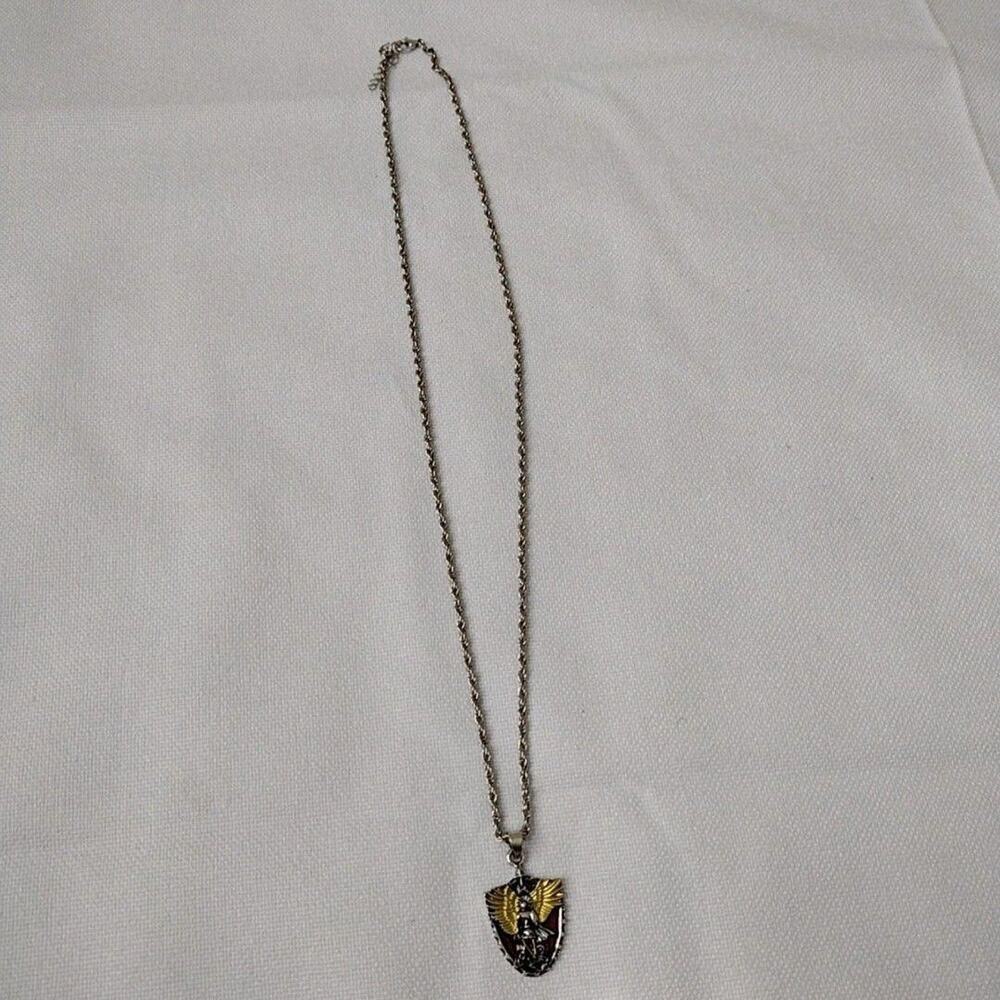 Silver Tone Angel Shield Pendant Necklace Red Enamel 14 In Religious Jewelry